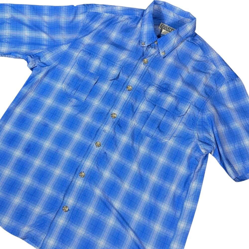 Duluth Trading Co Button Down Shirt Mens Large Blue Plaid Performance Utility